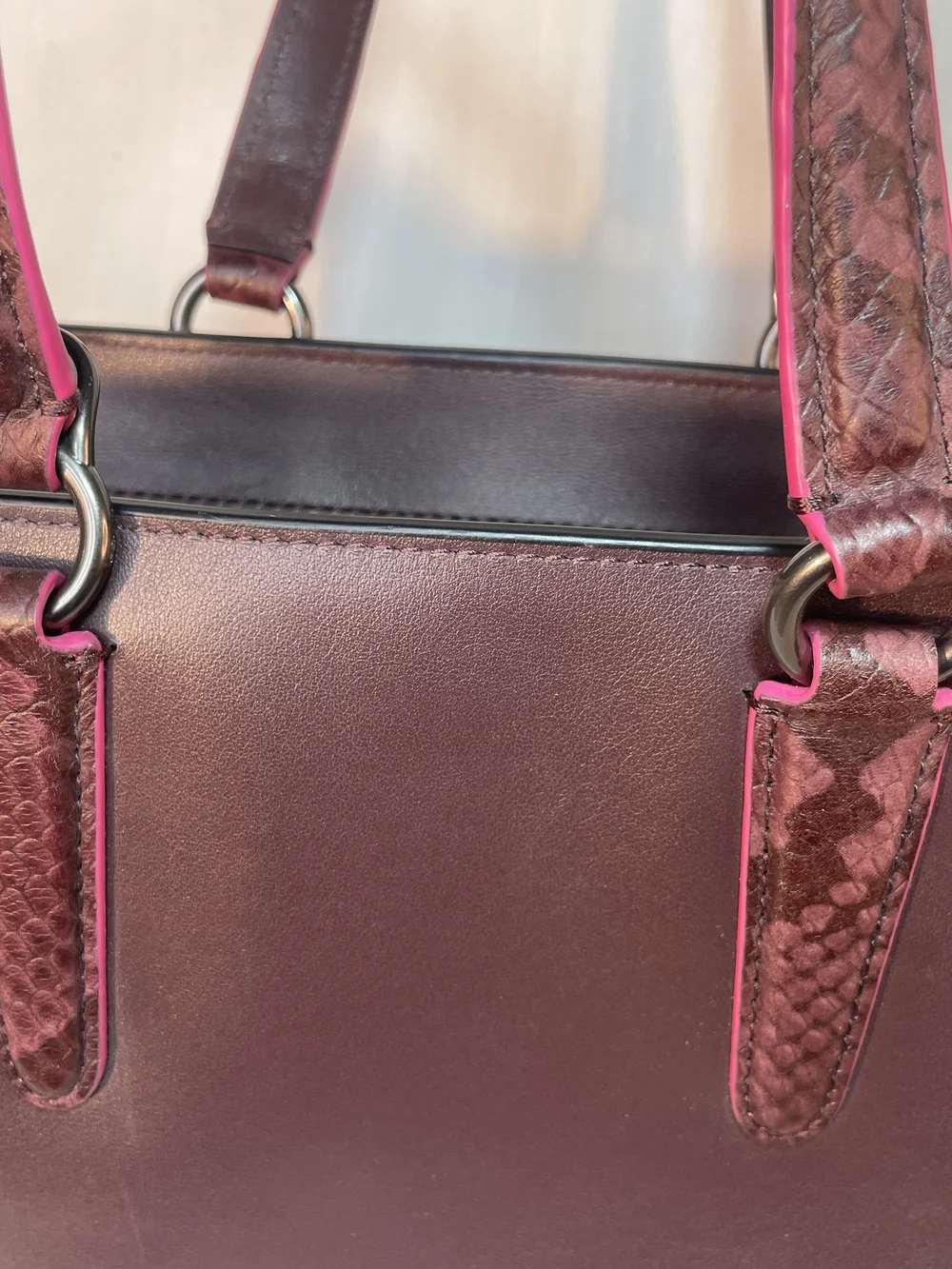 Coach Crosby Carryall 21 Burgundy Leather Shoulder Tote with Pink Trim  F20894